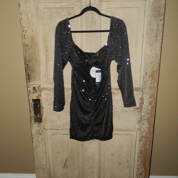 Boohoo Sequin Cut Out Twist Mini Dress Black Size 12 (BB-28) - Picture 6 of 7